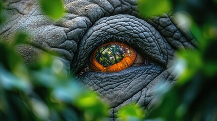 Close-up of an elephant s eye reflecting the lush green jungle, evoking a sense of wisdom and calm