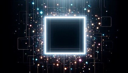 A square with a glowing light inside of it. The light is surrounded by a lot of small dots