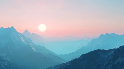 Wall Mural - A serene landscape of mountains bathed in the soft glow of a rising sun.