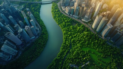 Wall Mural - an aerial view of a winding river cutting through a modern city, with bridges connecting different districts and lush green parks along the riverbanks