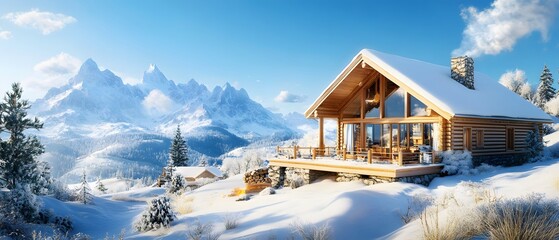 Canvas Print - Cozy Cabin in the Snow Mountains.