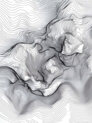 Line art illustration showcasing a 3D topographic map featuring abstract representations of hills valleys and mountains A wavy backdrop highlights geographic and cartographic elements