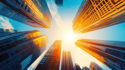 Wall Mural - an epic establishing shot of towering skyscrapers in a bustling city skyline, with the sun setting behind the buildings, casting long shadows on the streets below, first person point of view