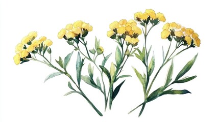 Wall Mural - Watercolor illustrations of medicinal wildflowers featuring tansy Isolated on a white background Botanical representation of a blooming herb