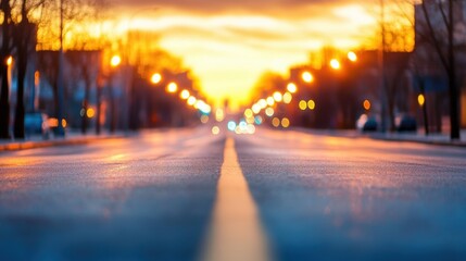 Wall Mural - an urban neighborhood at twilight, with streetlights just turning on, casting a warm glow on the quiet residential streets, and the distant sound of city life, captured in first person point of view