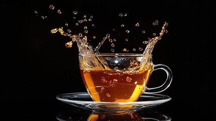 Wall Mural - A glass cup of tea with a splash of water on a black background.