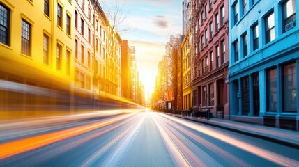 Wall Mural - an urban neighborhood at twilight, with streetlights just turning on, casting a warm glow on the quiet residential streets, and the distant sound of city life, captured in first person point of view