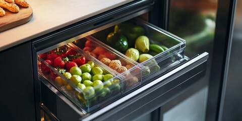 Wall Mural - Open fridge drawer with fruit and vegetables.