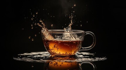 Wall Mural - A close-up of a glass cup filled with tea, with a splash of tea creating a beautiful pattern against a black background.