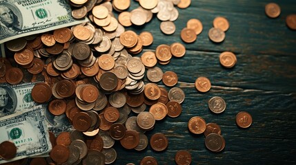 money scattered across a table, with coins and bills a visually rich texture