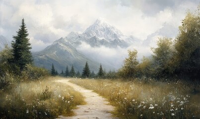 Oil painting depicting a serene trail leading to a mountain peak