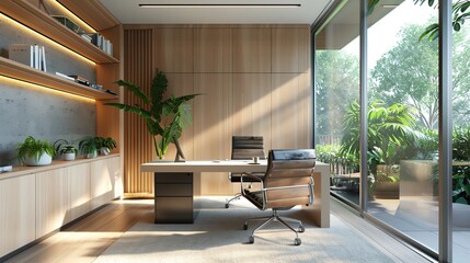 Wall Mural - A modern office with a desk, chair, and a view of a lush green patio.