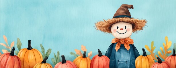 Smiling scarecrow with a straw hat and pumpkins in a fall landscape.