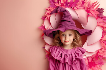 A young girl wears a purple witch hat and a frilly dress while posing in front of a pink Halloween wreath decorated with colorful autumn leaves, celebrating the spooky season