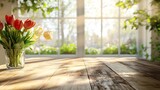 Table background of free space and kitchen interiorWhite wall with shadows and sunny warm morning timeCopy space for your composition Easter table with spring flowers in a sunny April  : Generative AI