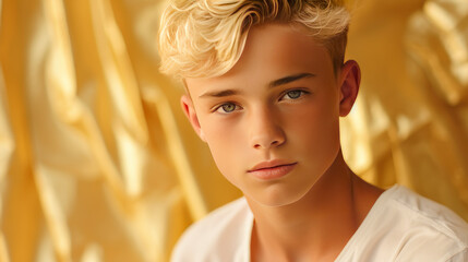 Wall Mural - Portrait of a happy serious blonde haired confident teenage guy with perfect skin, golden background, banner.