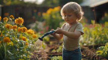 Cute little boy watering flower beds in the garden at summer day Child using garden hose to water vegetables Kid helping with everyday chores Mommys little helper : Generative AI