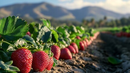 Aufkleber - Strawberry field Berries closeup Fresh ripe organic strawberries harvest season Santa Barbara County California : Generative AI