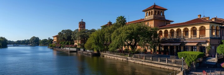 A row of historic riverside villas with red tile roofs nestled among lush green trees, situated beside a calm river, illustrating elegance and timeless beauty.