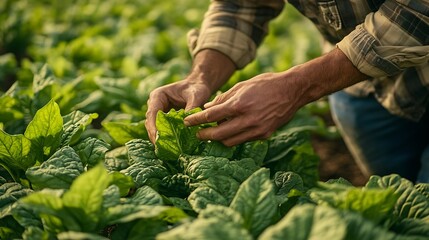 Fototapete - Farmers hand holds tobacco leaves Farmer Inspecting Tobacco Plant Leaves Man hands touching tobacco leaf in tobacco farm to check quality and size before harvesting : Generative AI