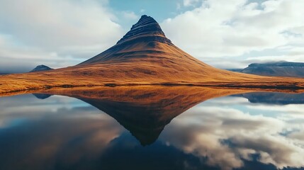 Poster - Beautiful aerial view of Kirkjufell volcanic mountain reflect on lake during autumn in the morning at Snaefellsnes peninsula Iceland : Generative AI