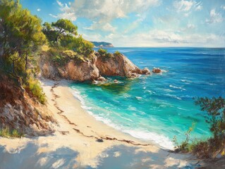 Oil painting depicting a stunning beach with turquoise waters showcasing the beauty and serenity of a coastal landscape