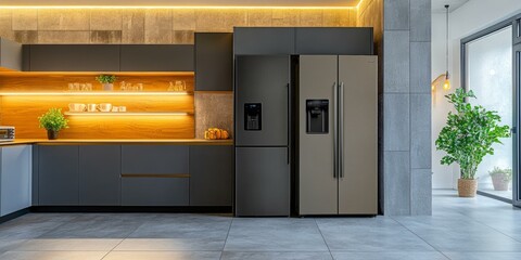 Poster - Modern kitchen with stainless steel refrigerator.