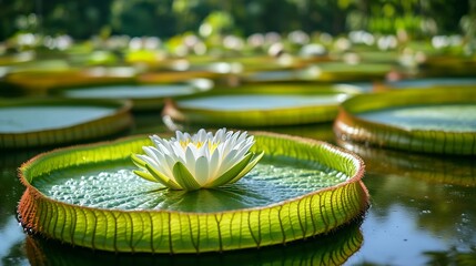 Poster - Beautiful photo of lily pad in a water garden Garden aquatic nature green pond lily plant blossom flora summer water beautiful floral flower lotus Botanic garden in Penang Malaysia : Generative AI