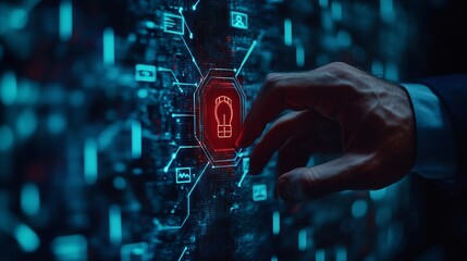 Poster - Cyber security network and data protection in financial business concept Businessman managing  data and system to safeguard sensitive information from cyber threats and maintain trust  : Generative AI