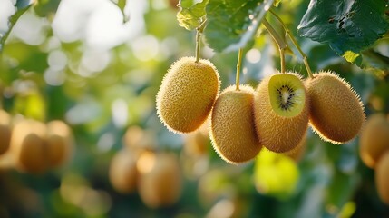 Poster - New harvest of golden or green kiwi hairy fruits hanging on kiwi tree in orchard in Italy Lazio : Generative AI