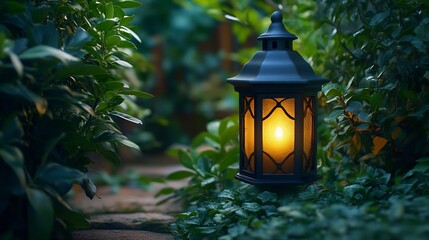 Poster - Elegant Garden Lantern Enhancing Your Outdoor Ambiance with Decorative Illumination Creating a Serene and Stylish Atmosphere Amidst Lush Greenery : Generative AI