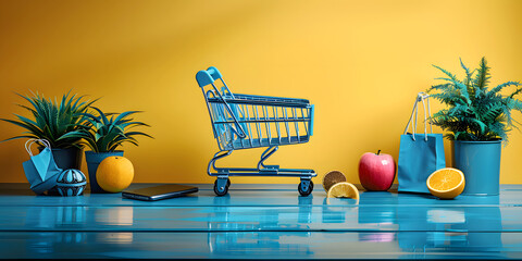 Minimalist Shopping Cart on Blue Floor with Yellow Background: a Simple and Vibrant Design. Shopping Trolley Concept