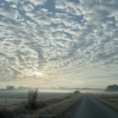 Wall Mural - A winding paved road stretches through a foggy landscape with a sky full of clouds.