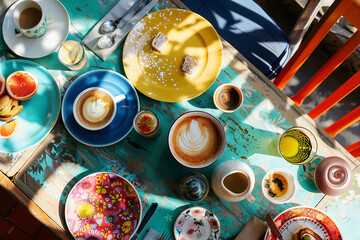 Breakfast spread with coffee in a cafe. Generative AI