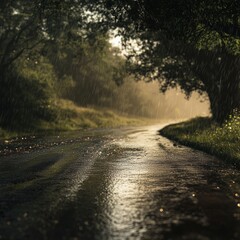 Wall Mural - A winding road through a lush forest, drenched in rain, with sunlight filtering through the trees.