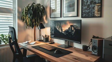 Wall Mural - A home office workspace with a computer, desk lamp and plants.