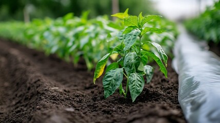 Poster - Mulching film or plastic cover soil to keep moisture and control weed in crops Plastic cover for chili plants : Generative AI