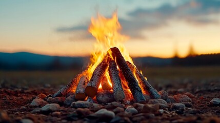 A cozy campfire glowing in the evening, surrounded by stones and set against a beautiful sunset landscape.