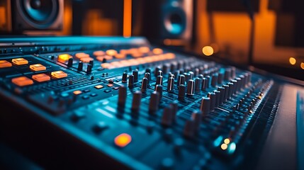 Aufkleber - Empty studio at home equipped with mixing soundboard panel and other musical instruments music industry recording Modern space with electronic controls and daw software on pc Camera A : Generative AI