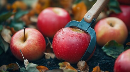 Aufkleber - Harvesting apples in the garden by a fruit picker Garden tools for harvesting fruits : Generative AI