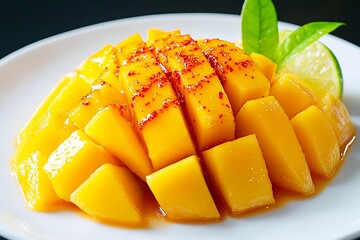 A vibrant plate of sliced mango with a sprinkle of spice, perfect for tropical dishes and refreshing desserts.