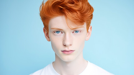 Wall Mural - Portrait of a happy serious red-haired confident teenage guy with perfect skin, light blue background, banner.