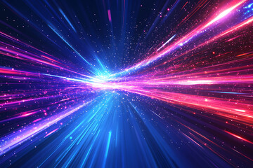 Dynamic abstract image of vibrant light trails and colorful particles converging towards a bright center, symbolizing speed and energy