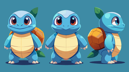 Cute cartoon turtle three views front view side vector art illustration 