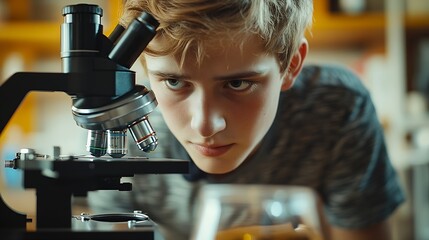Poster - Adolescent student looking at sample under the microscope science and education concept : Generative AI