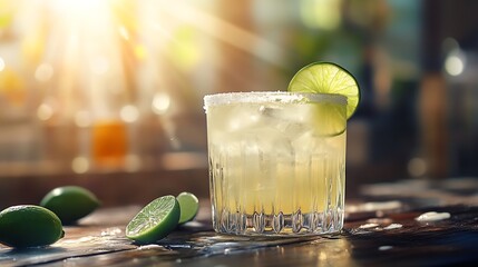 Poster - Margarita cocktail with lime and ice on dark wooden table with copy space Classic Margarita and Daiquiri Cocktail : Generative AI