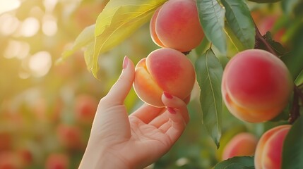 Aufkleber - Harvesting peaches Female hand touching fresh ripe peach on branch of peach tree in orchard : Generative AI