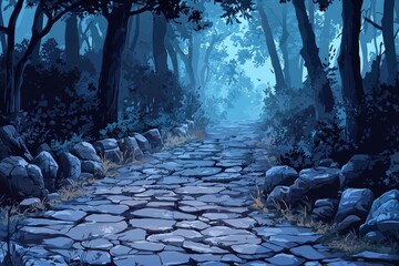 Sticker - A Cobblestone Path Leading Through a Foggy Forest