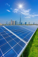 Solar panels gleaming under the sun with Dubai skyline in the background on a clear day