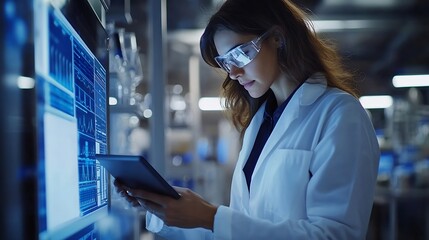 Female chemist tapping on digital tablet displaying scientific experiment data and charts on a virtual screen in lab Biochemical and medical industry research : Generative AI